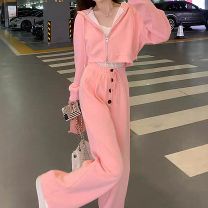 Short Zipper Hooded Long-Sleeved Sports Pink Set