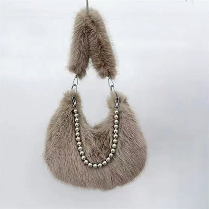 Furry Fox Fur Pearl Chain Shoulder Handbag