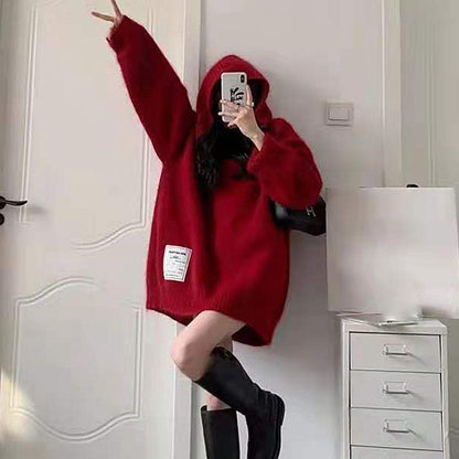 Hooded Loose Red Long Sleeve Christmas Sweater