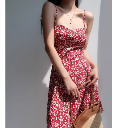 Backless Waist V-Neck Red Floral Suspender Dress