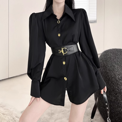 Puff-Sleeved Single-Breasted Belted Shirt Dress