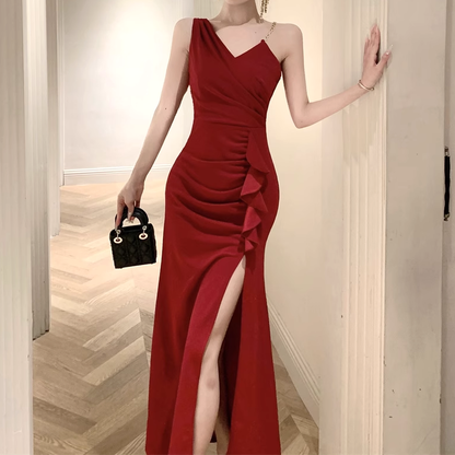 Asymmetrical Slit Slim Fit Prom Party Slip Dress