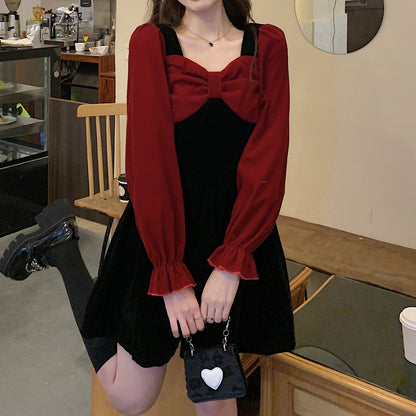 Oversized Bow-Paneled Velvet Long-Sleeve Dress