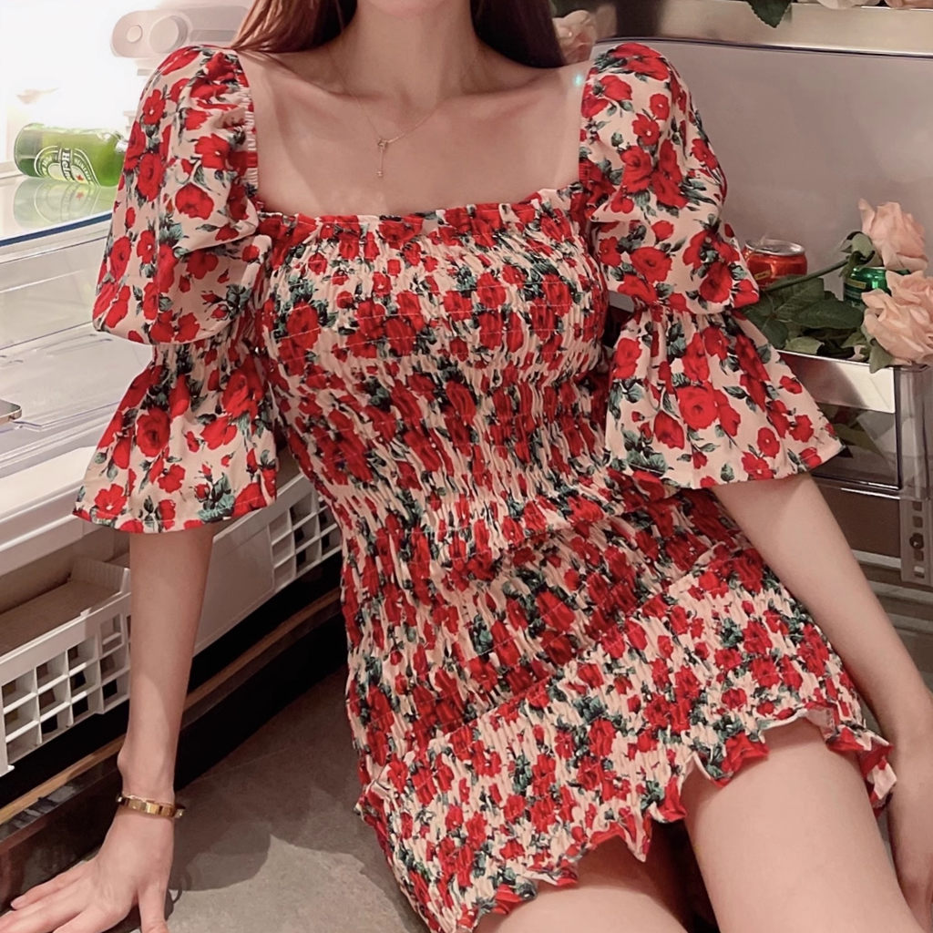 Square Neck Bubble Sleeve Bodycon Floral Dress