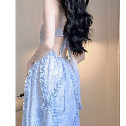 V-Neck Backless Earrings Trimmed Blue Slip Dress