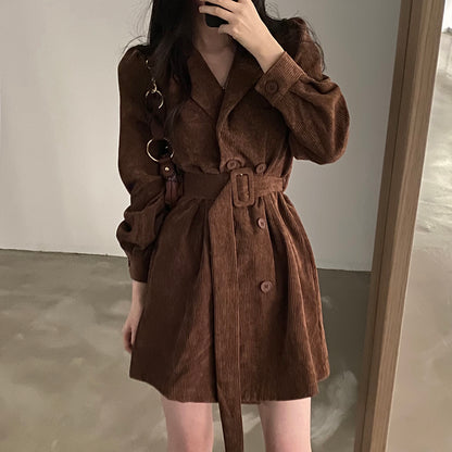 Double Breasted Corduroy Belt Suit Dress