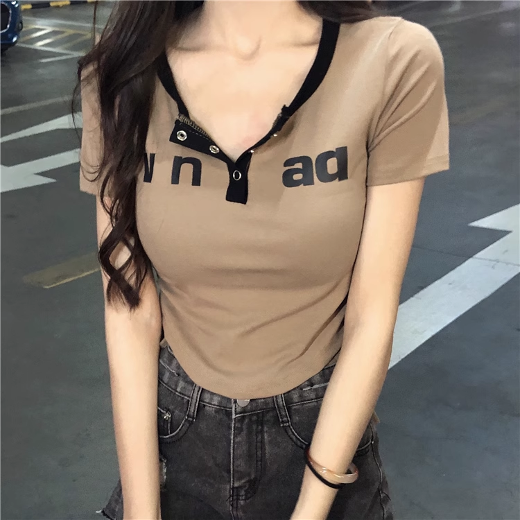 Stretch Slim Letter Short Sleeve T-Shirt Top