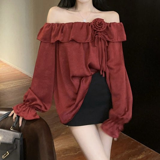 Flower Halter Shirt Off-Shoulder Ruffled Trumpet Sleeve Top