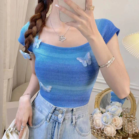 Knitted Bow Square Neck Short-Sleeved Top