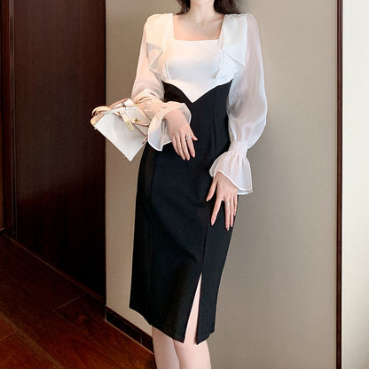 Square Neck Long-Sleeved Color-Blocked Slim Dress