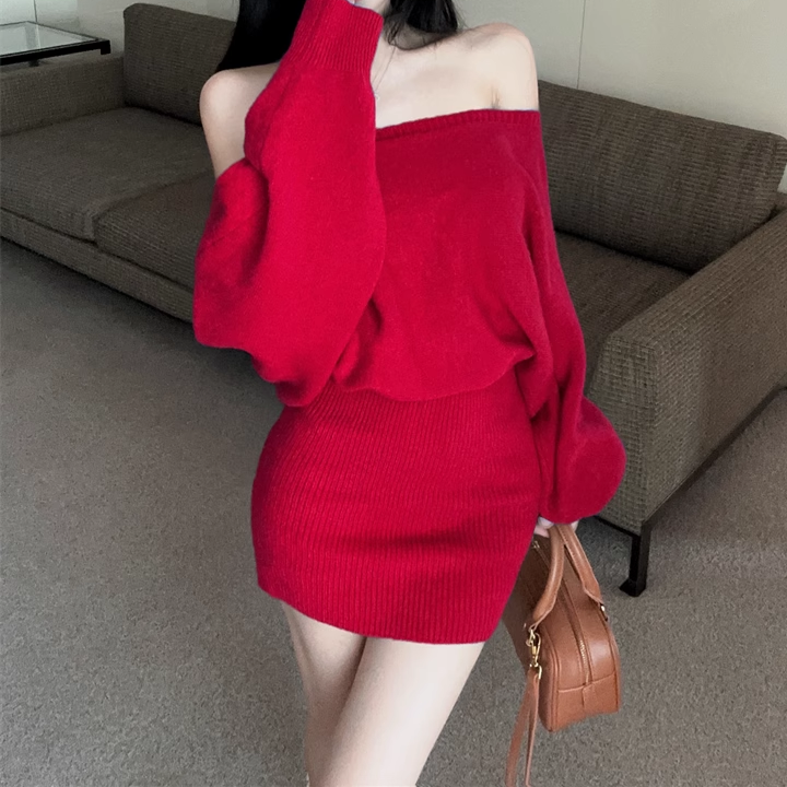 Off-Shoulder Stretch Knit Sweater Dress