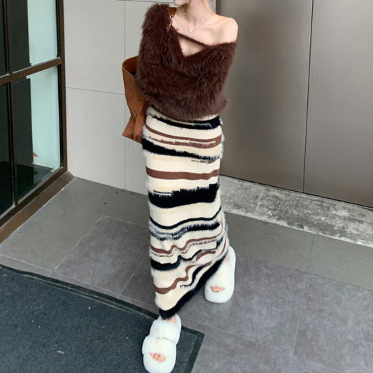 Sweater Set Off-Shoulder Imitation Mink V-Neck Top Long Skirt