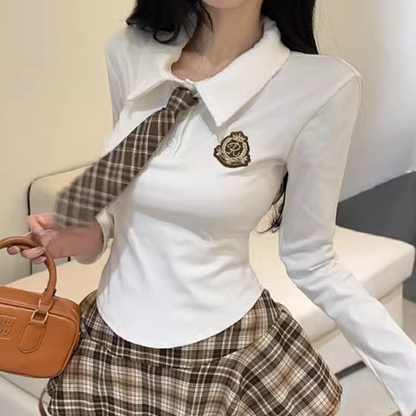 Slim Long-Sleeved T-Shirt Tie Plaid Skirt Set