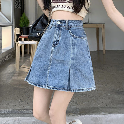 High Waist Slit A-Line Blue Denim Skirt