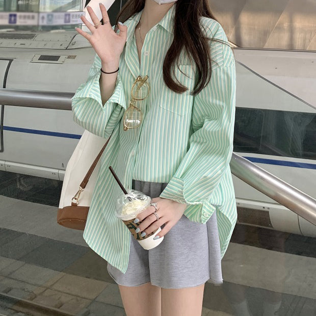 Green Striped Long-Sleeved Loose Casual Shirt