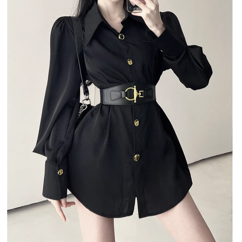 Puff-Sleeved Single-Breasted Belted Shirt Dress