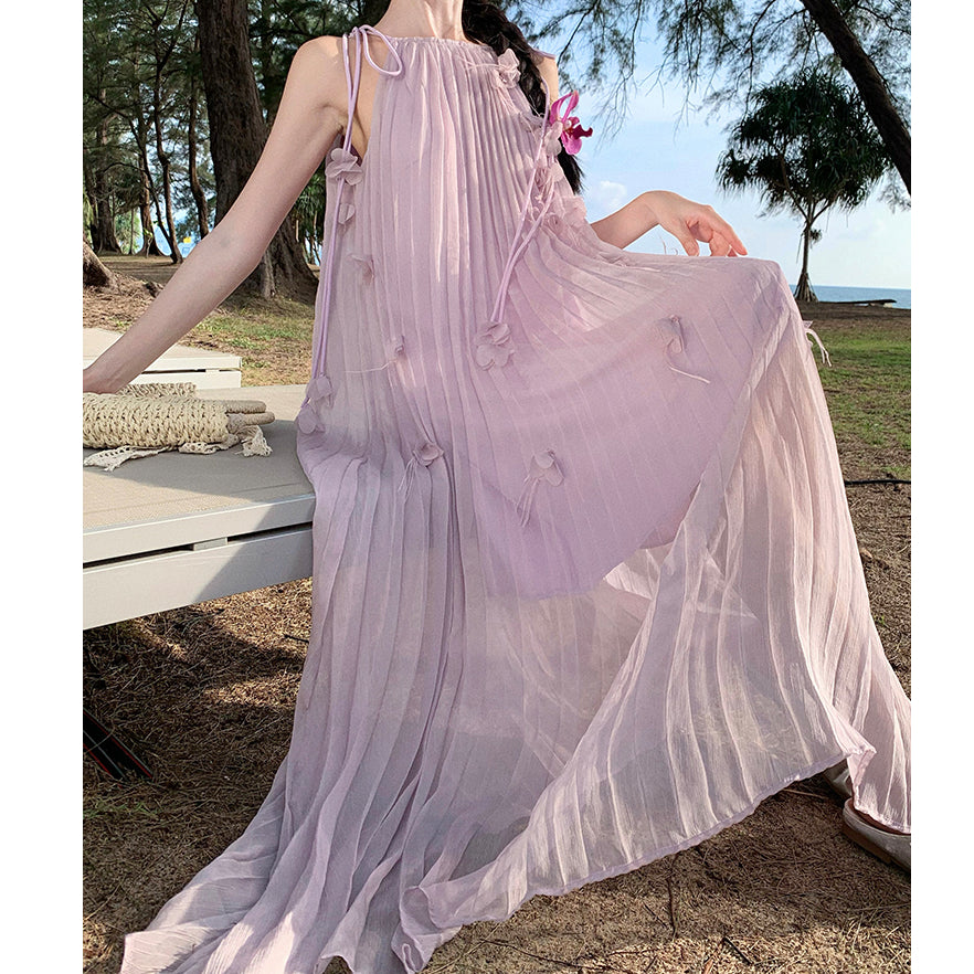 Pleated Petal Feather Seaside Holiday Purple Dress