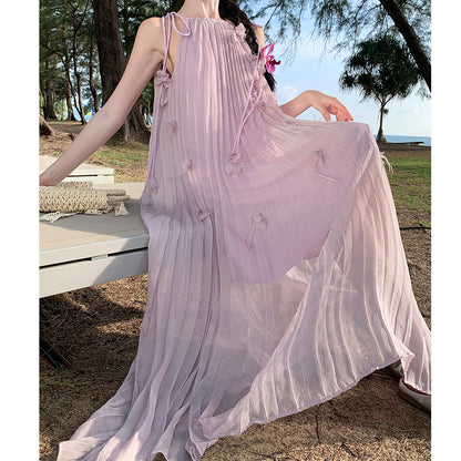 Pleated Petal Feather Seaside Holiday Purple Dress