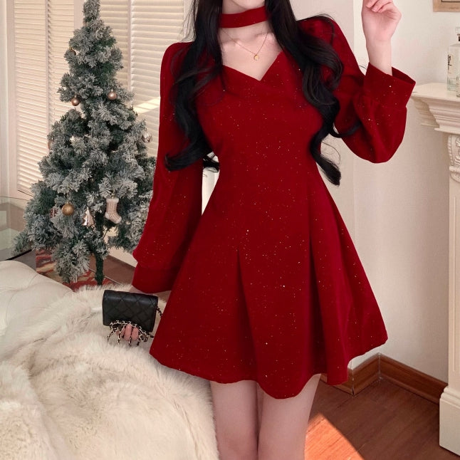 Velvet V-Neck Long-Sleeved Red Christmas Dress