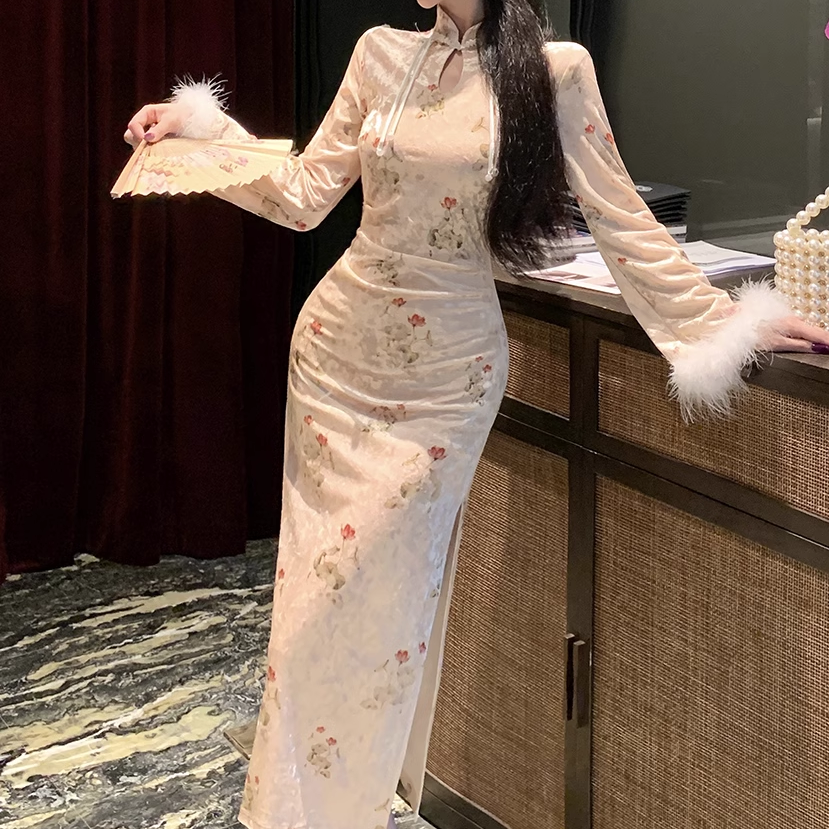 Furry Sleeve Floral Slit Slim Cheongsam Dress