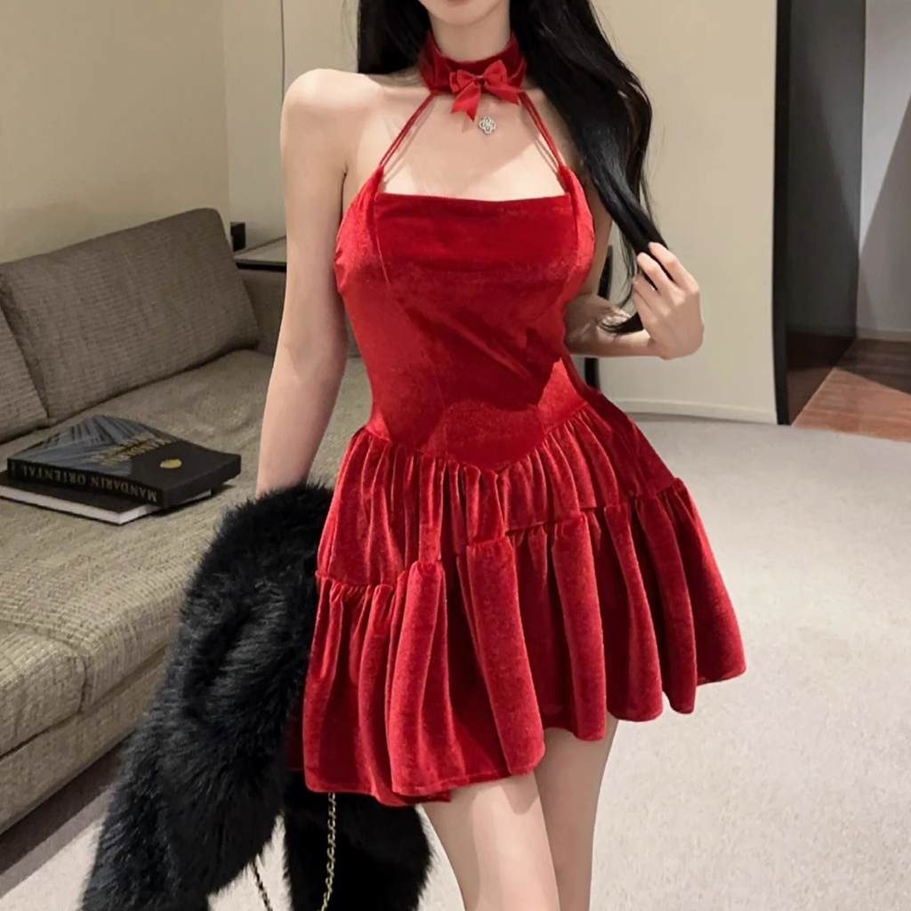 Backless Velvet Red Party Dance Pleated Dress