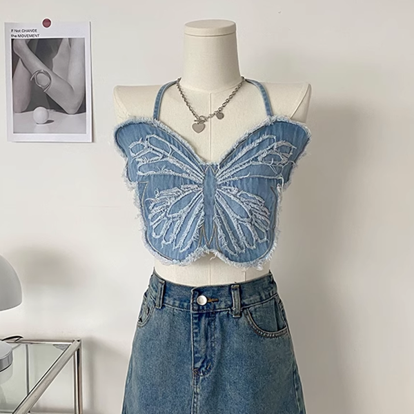 Butterfly Backless Denim Cropped Tank Top