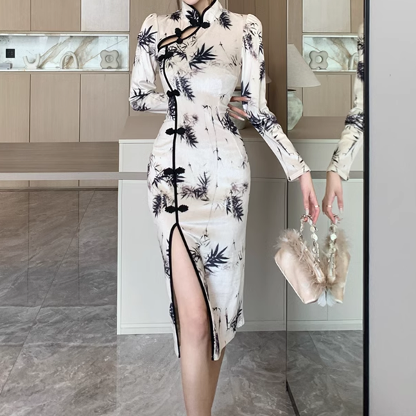 Bamboo Print Slit Slim Chinese Cheongsam Dress