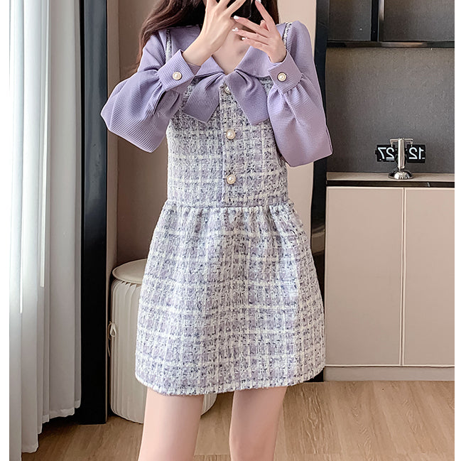 Elegant Purple Tweed Colorblock Dress