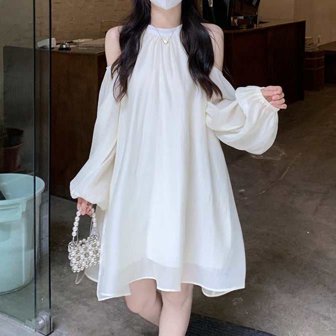 Off-Shoulder Long-Sleeved Sweet Loose A-Line Dress