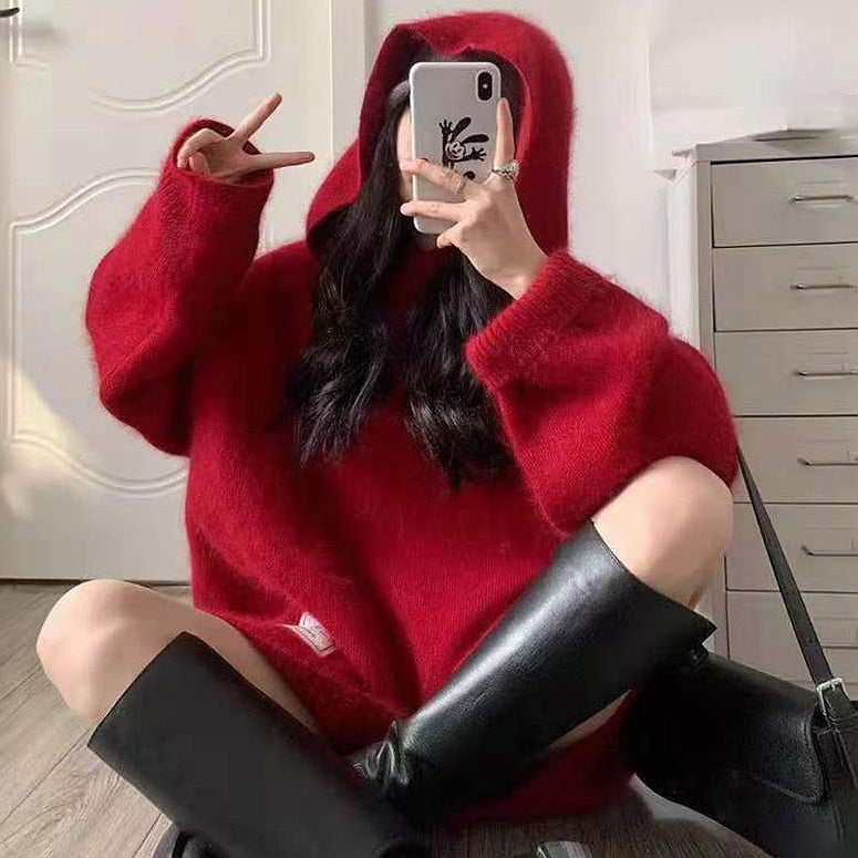 Hooded Loose Red Long Sleeve Christmas Sweater