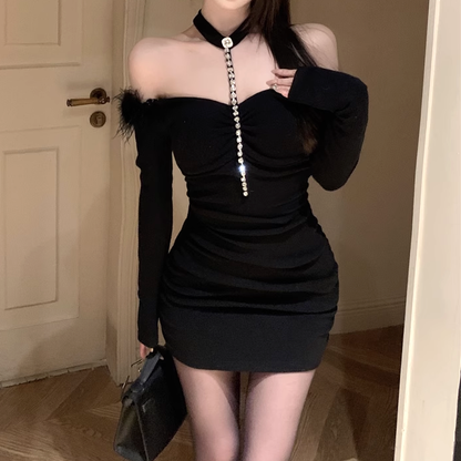 Off-Shoulder Rhinestone Raw Edge Bodycon Dress