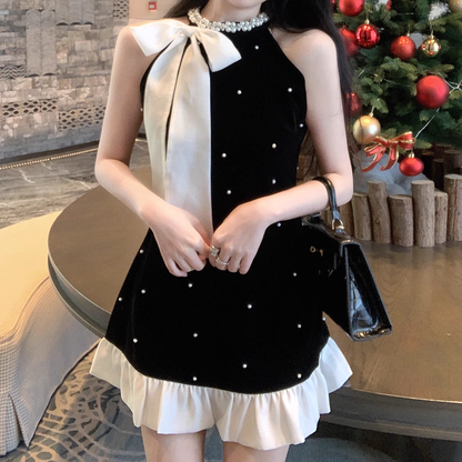 Bow Polka Dot Sleeveless Black Dress