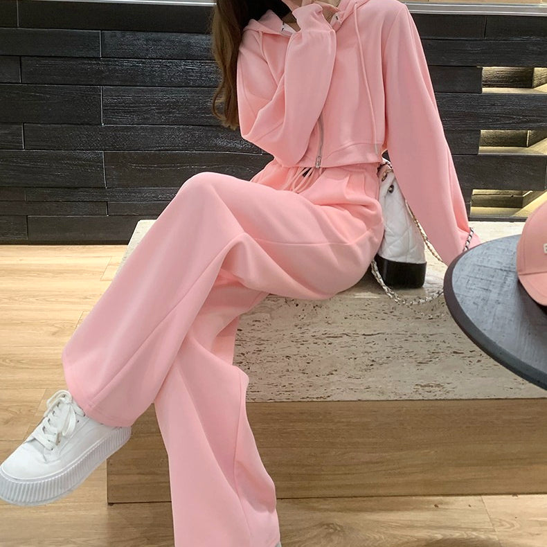 Short Zipper Hooded Long-Sleeved Sports Pink Set