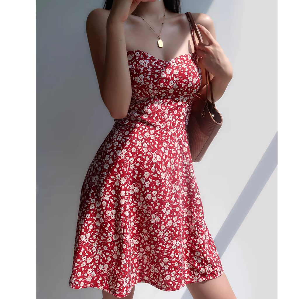 Backless Waist V-Neck Red Floral Suspender Dress