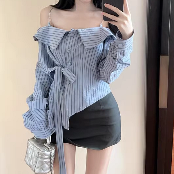 Striped Off-Shoulder Waist Tie Shirt Top