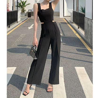 Hollow High-Waisted Wide-Leg Suspender Jumpsuit