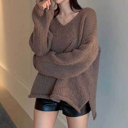 Split Curled V-Neck Loose Brown Knitted Sweater