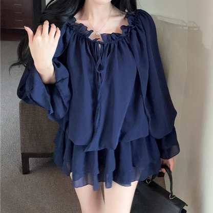 Chiffon Lantern Sleeve Loose Pleated Dress