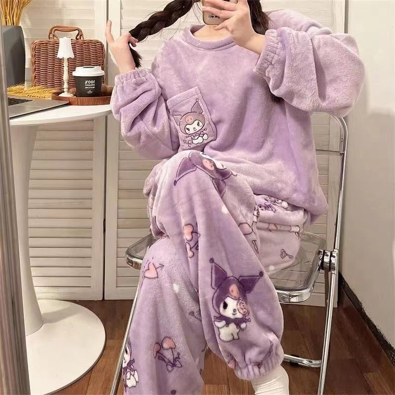 Cartoon Coral Fleece Round Neck Warm Pajamas Set