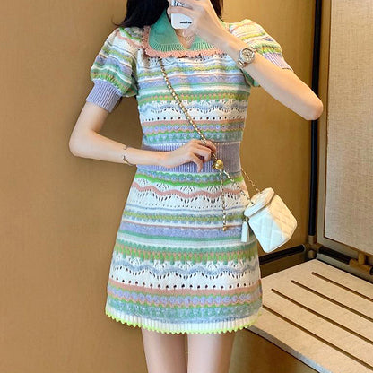 Lapel Knitted Short-Sleeved Top Colorful Skirt Set