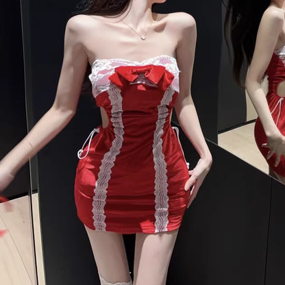 Lace Trim Slim Christmas Tube Top Dress