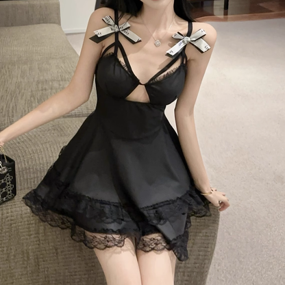 Hollow Low-Cut Bow Elastic Lace Edge Black Dress