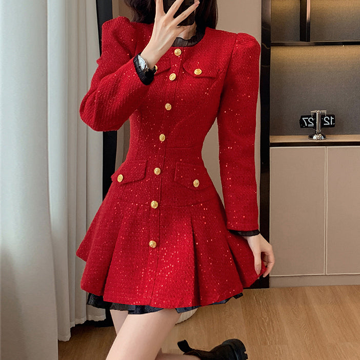 Single-Breasted Long-Sleeved Elegant Red Dress