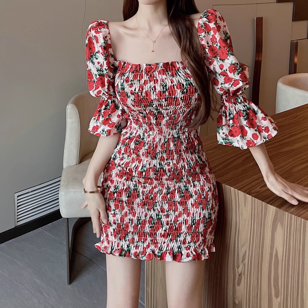 Square Neck Bubble Sleeve Bodycon Floral Dress