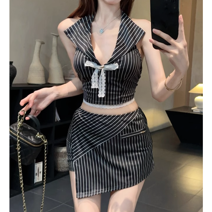 Backless Bow Striped Short Top Irregular Skirt Set