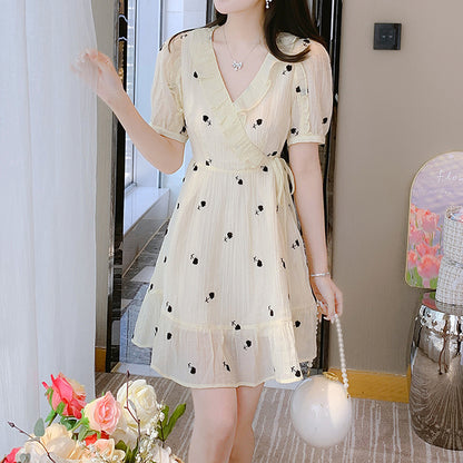 Puff Sleeve V-Neck Chiffon Waisted Floral Dress