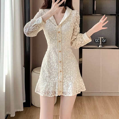 Lace Lapel Single-Breasted Floral Dress