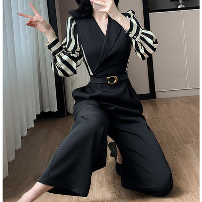 Striped Long-Sleeved V-Neck High-Waisted Wide-Leg Jumpsuit