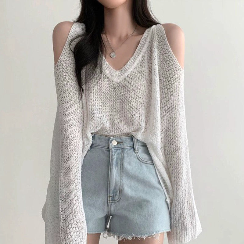 Off-Shoulder Loose V-Neck Long-Sleeved Knitted Top