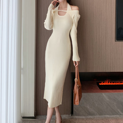 Halterneck Off-Shoulder Slim Fit Knitted Dress